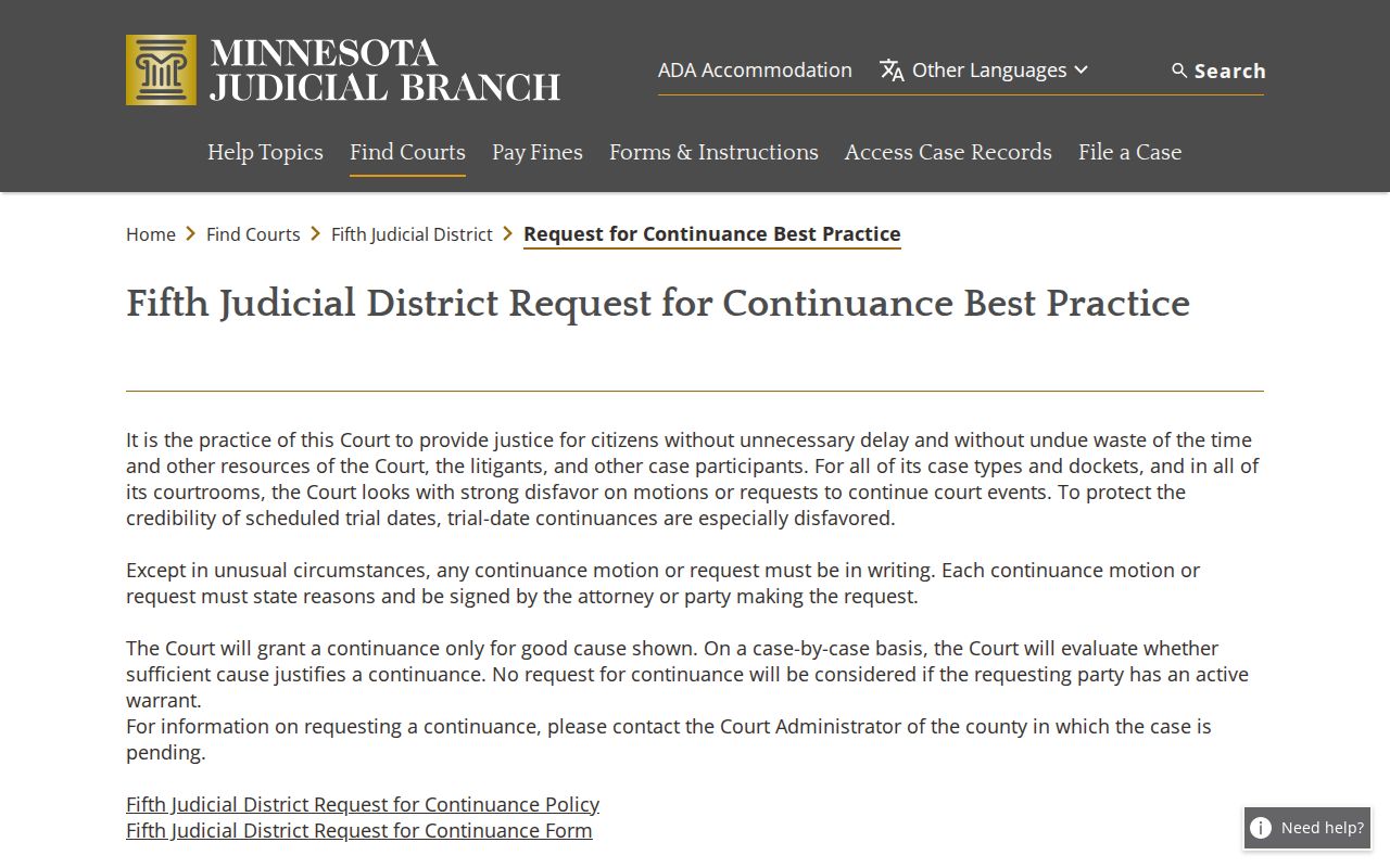 Lyon County court dates Fifth Judicial District continuance policy source