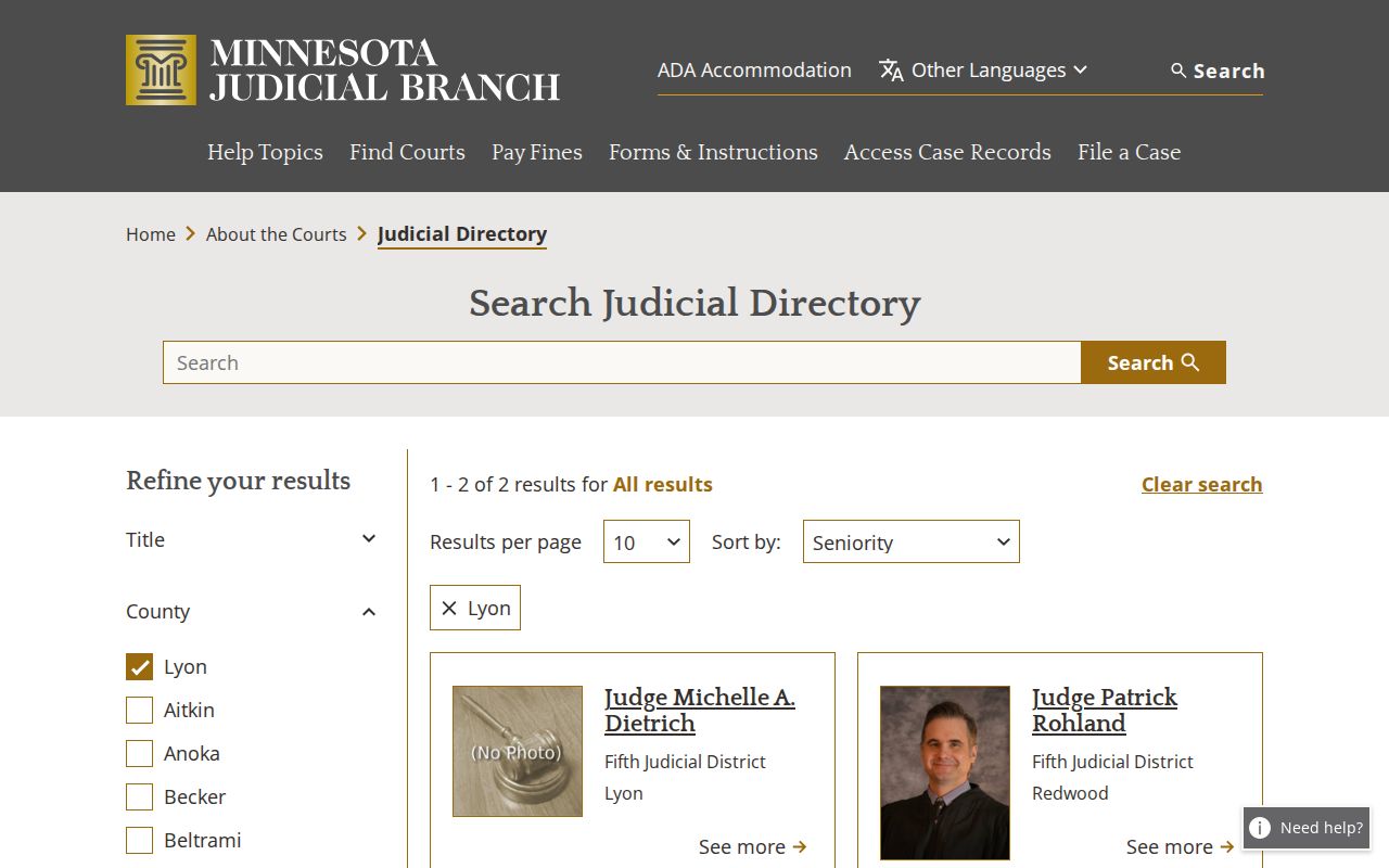 Lyon County court docket judicial directory for District Court officers