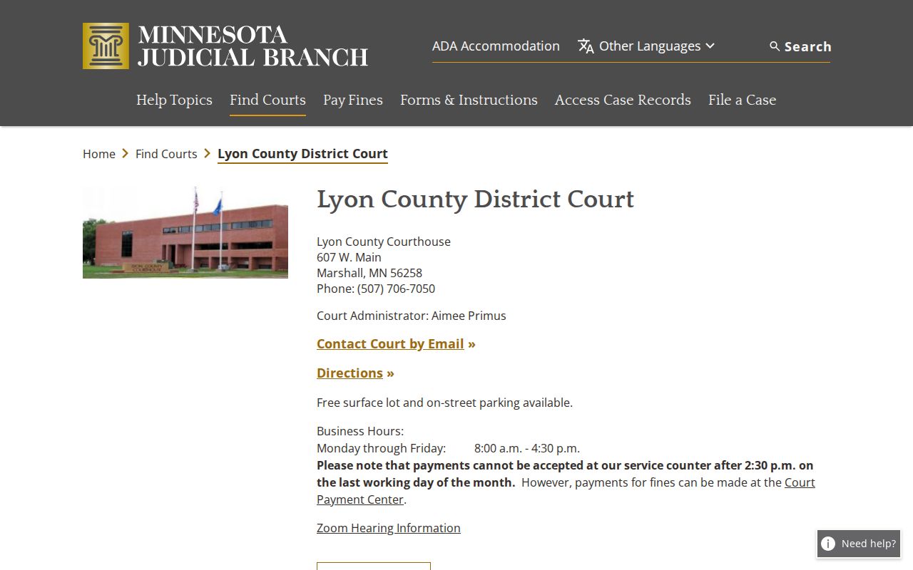 Lyon County court docket District Court landing page for Marshall courthouse