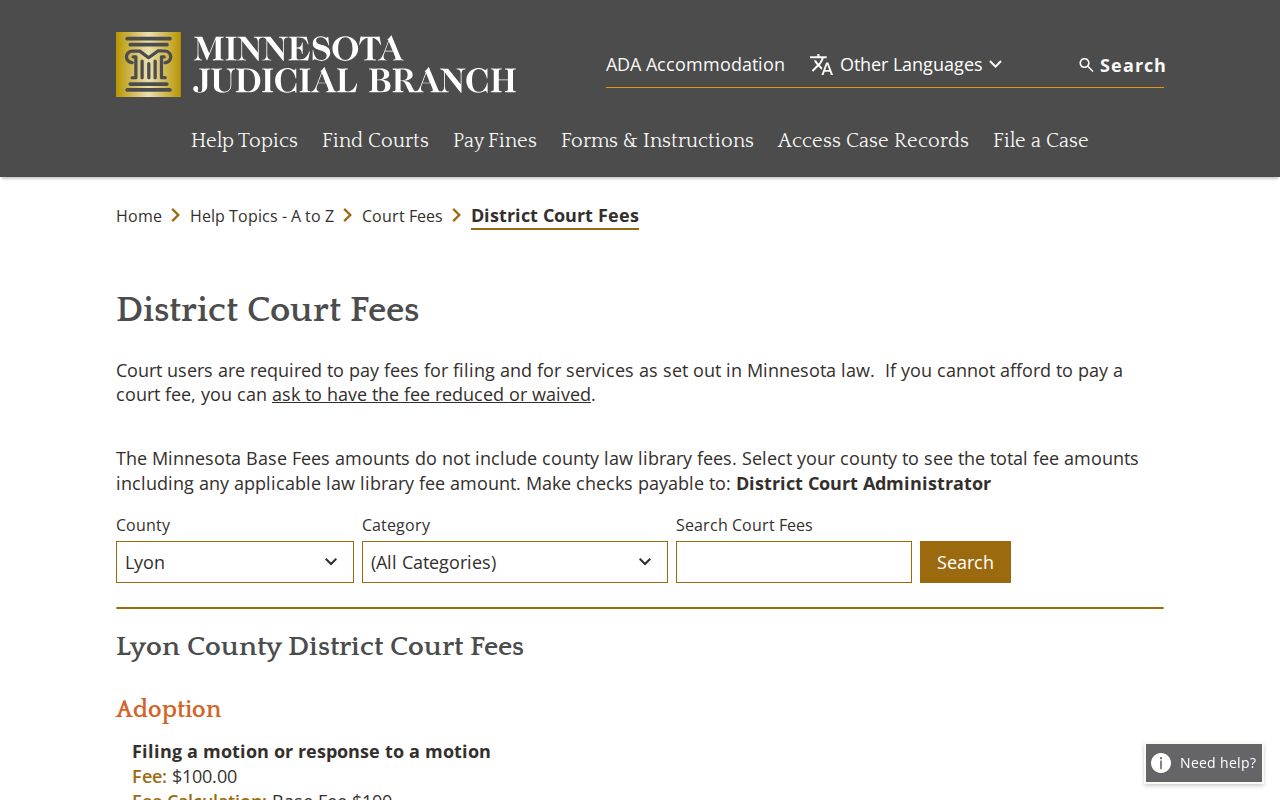 Lyon County court docket District Court fee search page