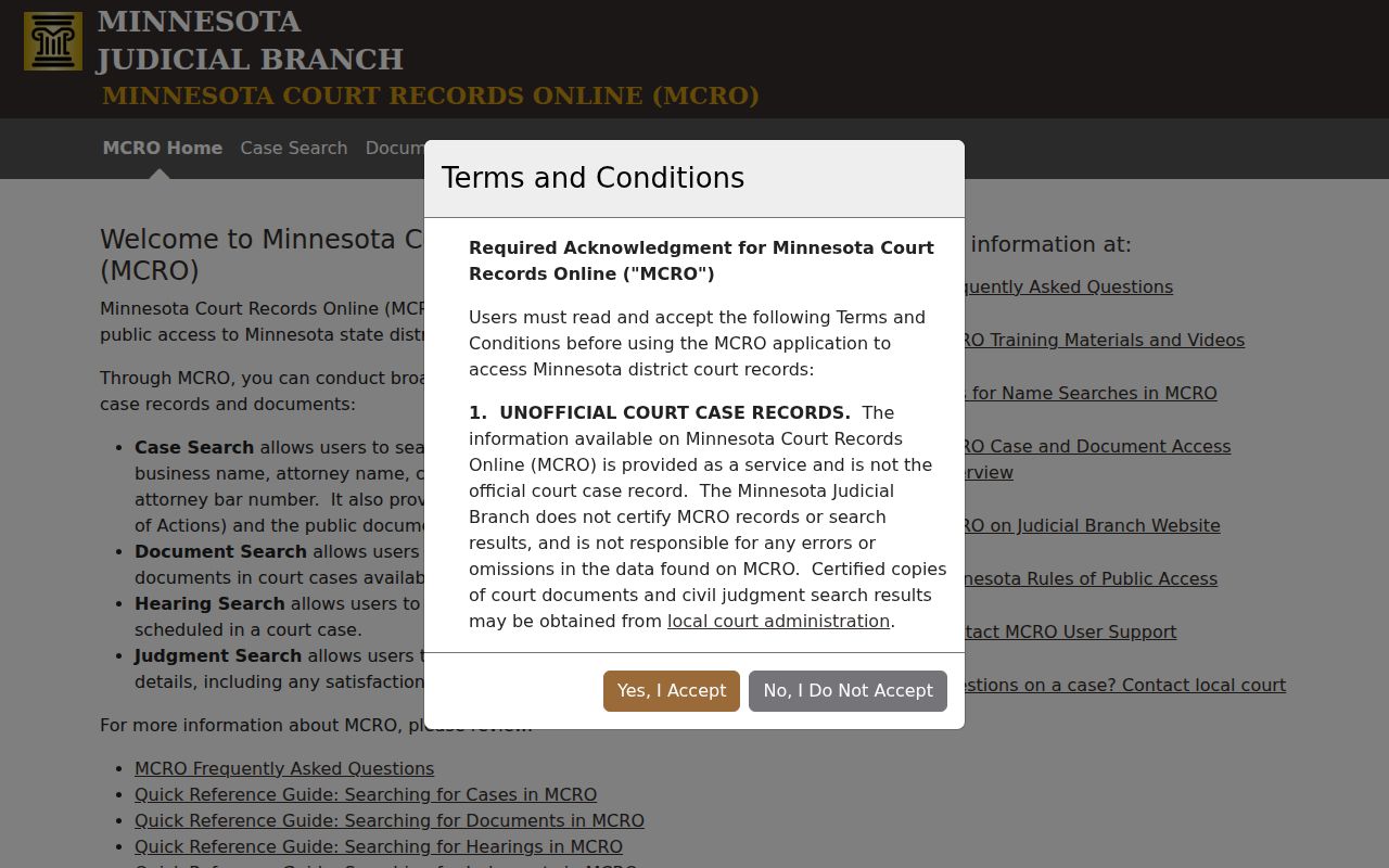 Lyon County court docket MCRO public case search interface